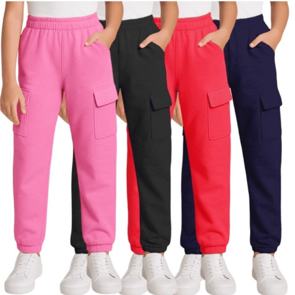NWT ~ 4 Pairs Asst Colors Girls Sweatpants Soft Basic Fleece Cargo Joggers ~ 7/8